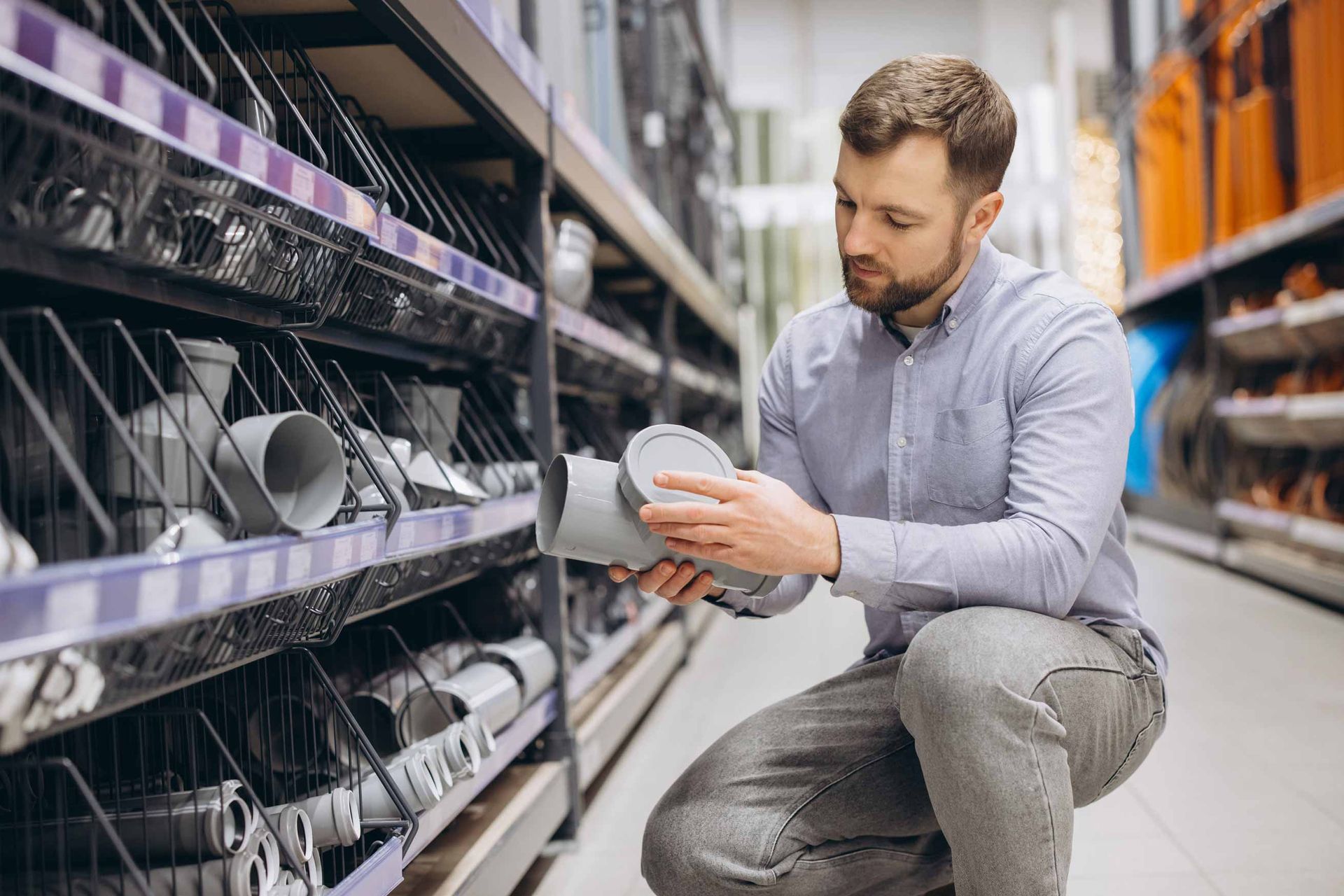 Man kneeling in a hardware store aisle comparing a metal fitting with items on the shelf