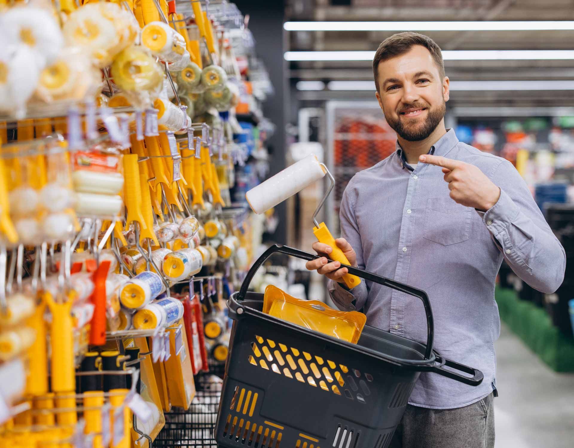 Shopper smiling in a hardware store aisle, holding a paint roller beside a cart of painting supplies