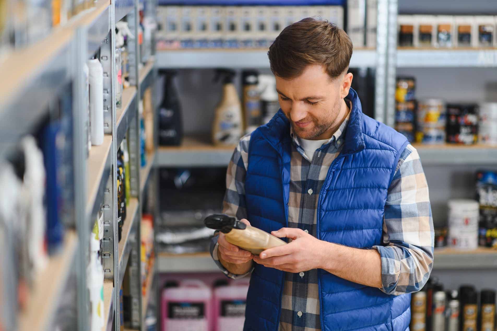 Man in a blue vest scanning a product barcode in a grocery aisle