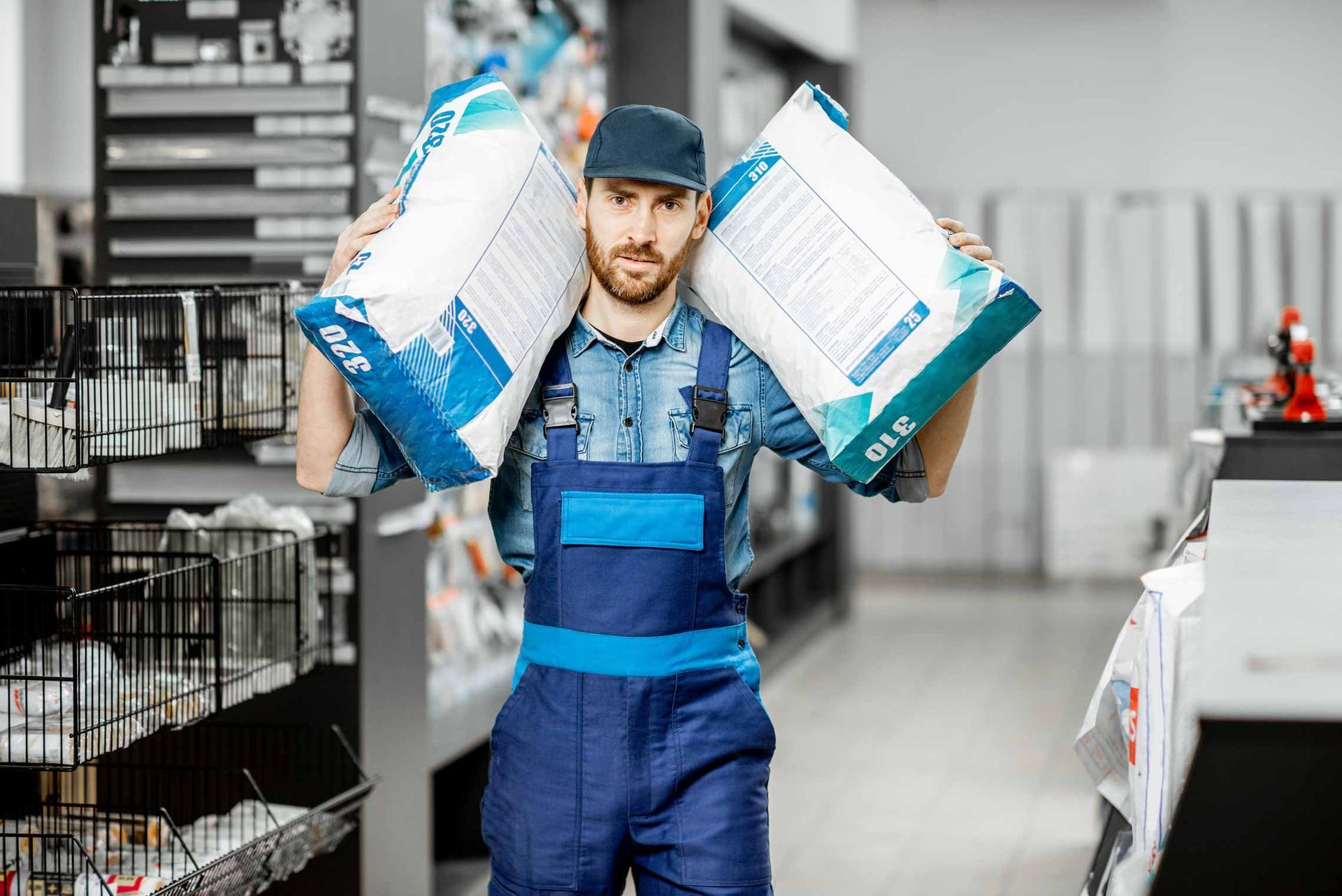 Warehouse worker carrying two large bags in a storage aisle