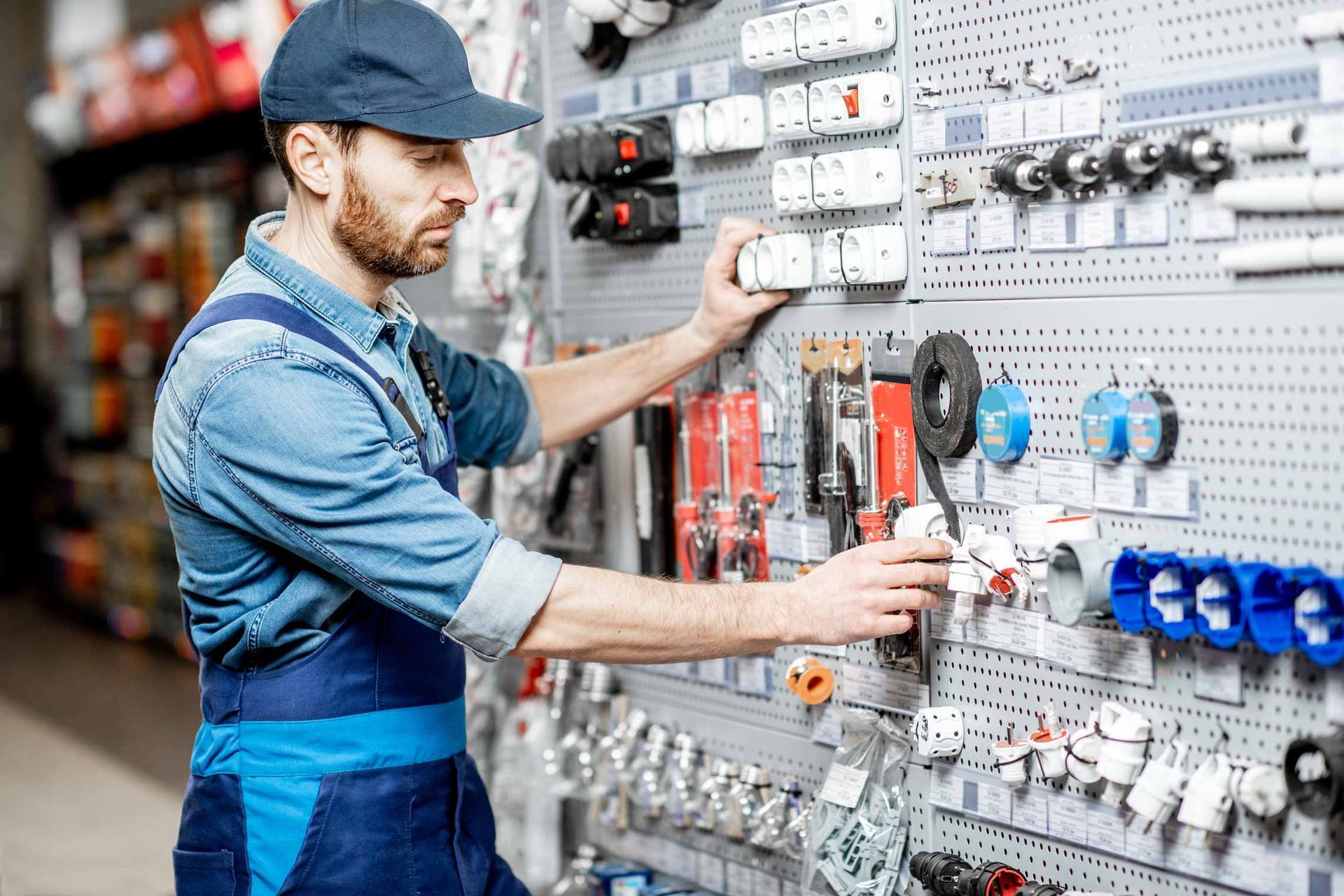 Technician in blue uniform adjusting controls on an electrical panel in a workshop