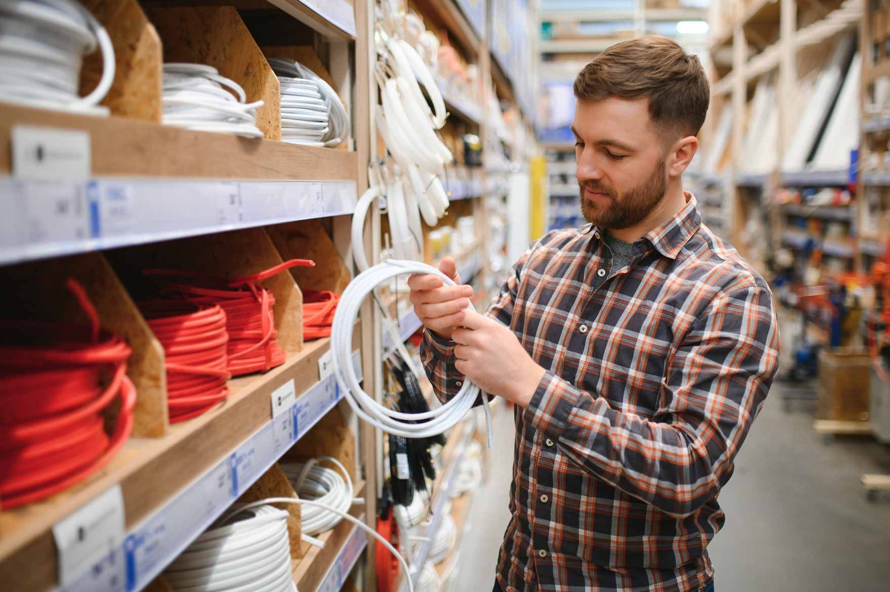 Man in plaid shirt inspecting coiled cable on store shelf aisle