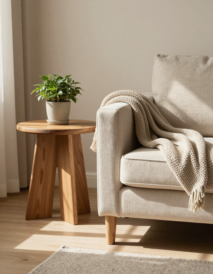 A warm, naturally lit living room corner with a wood-toned accent table and textured armchair