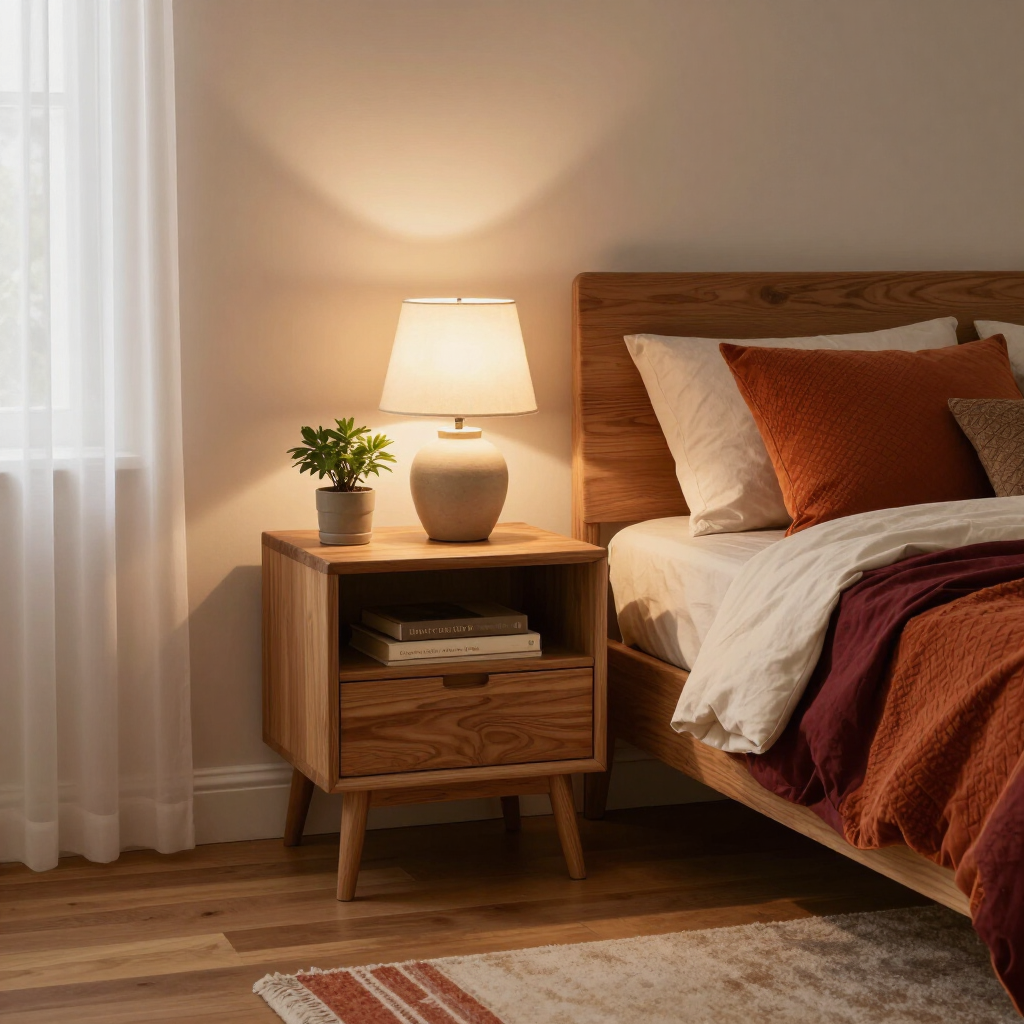 Bedroom nightstand and bed styled with warm linens