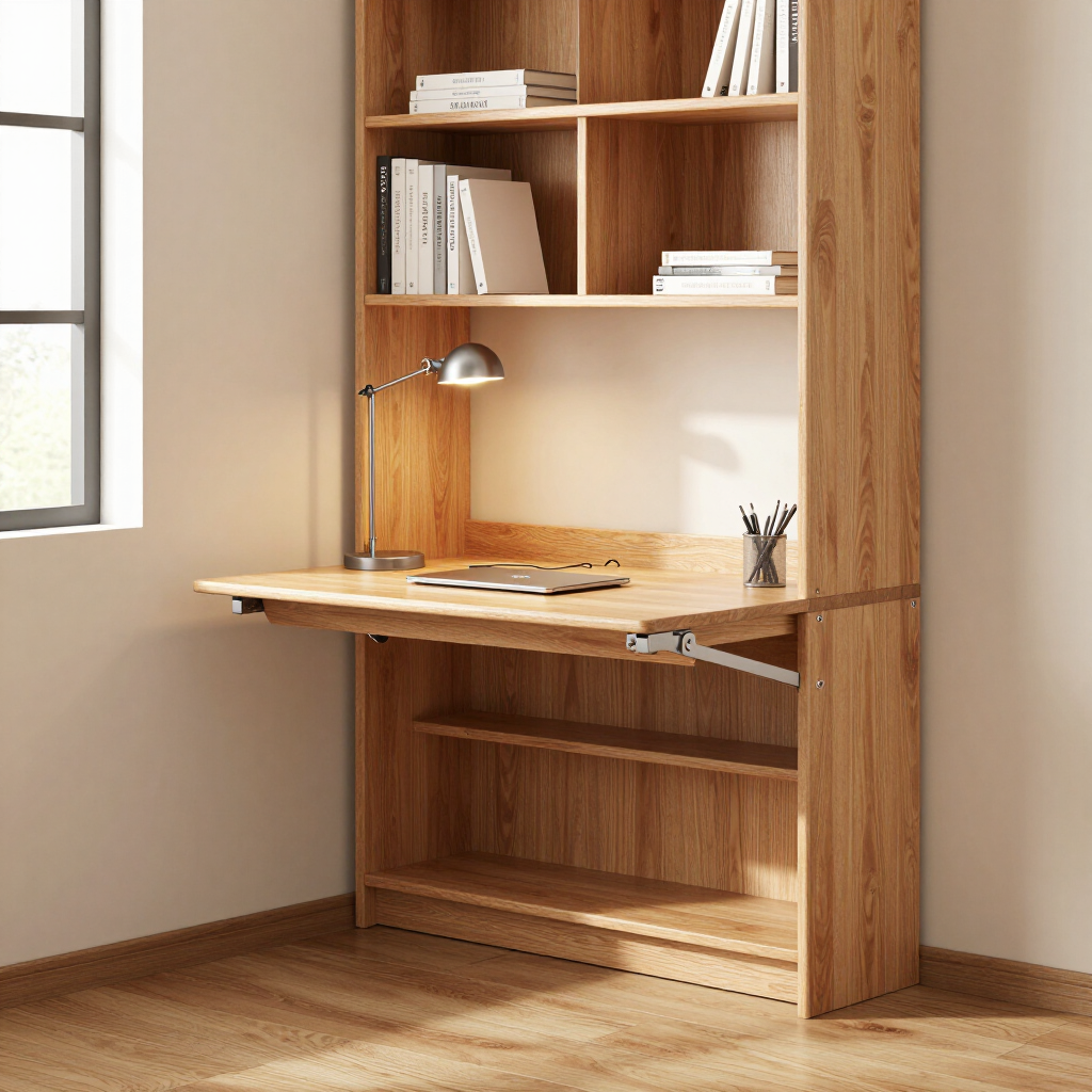 Slim bookshelf and fold-down desk in a compact room
