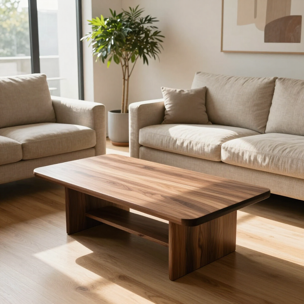 Living room styled with a walnut coffee table and linen sofa