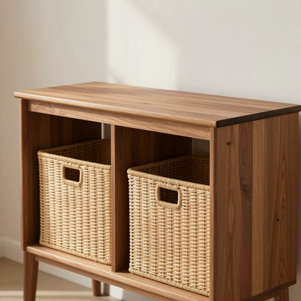 Entryway console table with woven storage baskets