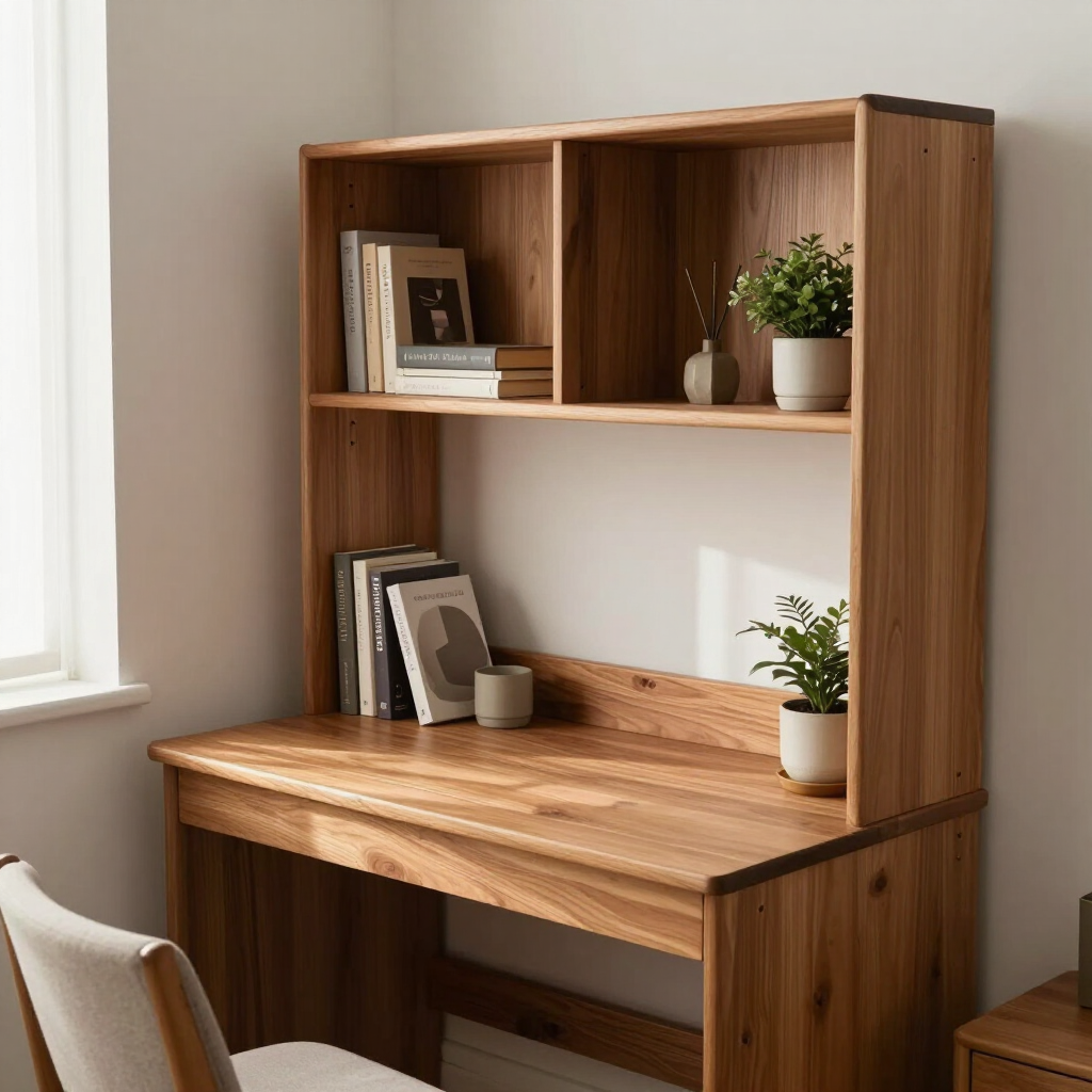 Home office desk nook with open shelving