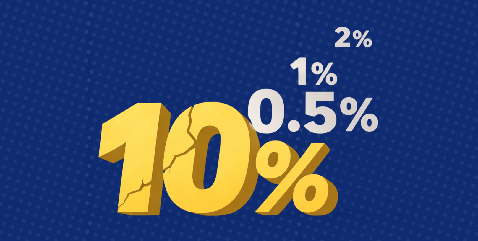 10% golden percentage symbol cracking, with smaller percentages (0.5%, 1%, 2%) above, on a blue background.
