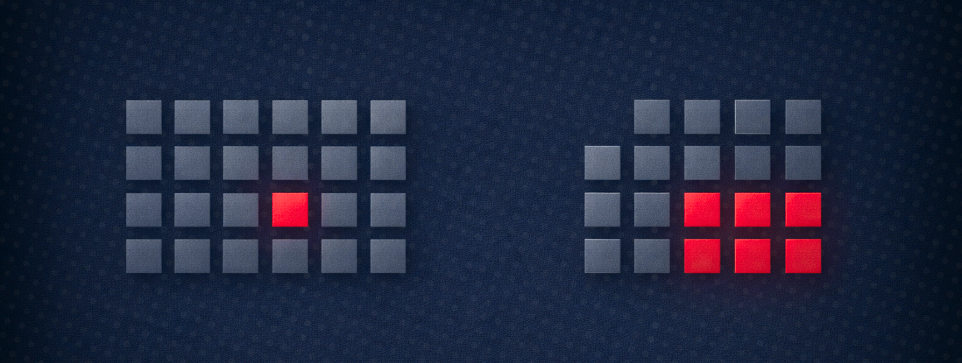 Two grids of gray squares, one with a single red square, the other with multiple red squares.