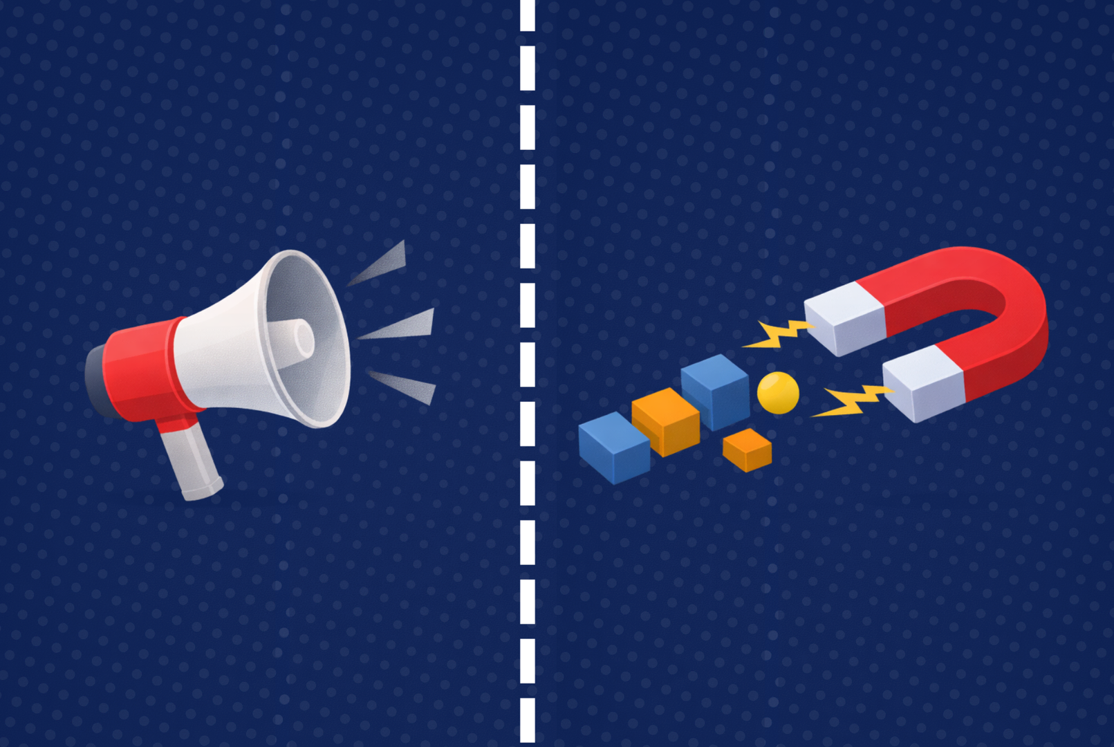 Megaphone and magnet attracting blocks of various colors, on blue background.