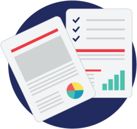 an icon depicting a couple of papers with a pie chart and a graph on them .