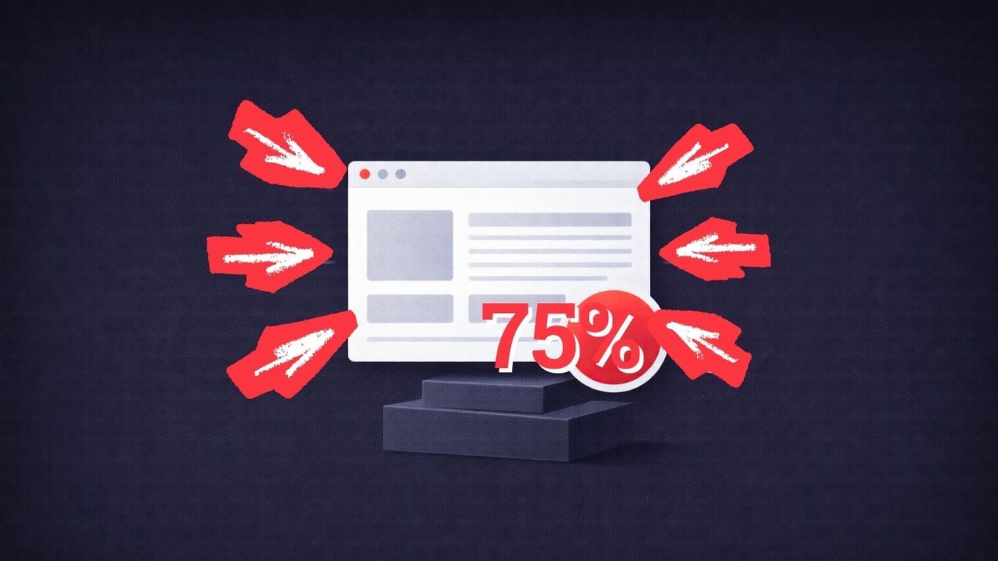 Website with sale offer. Red arrows and a 75% off badge point toward the site on a stage.