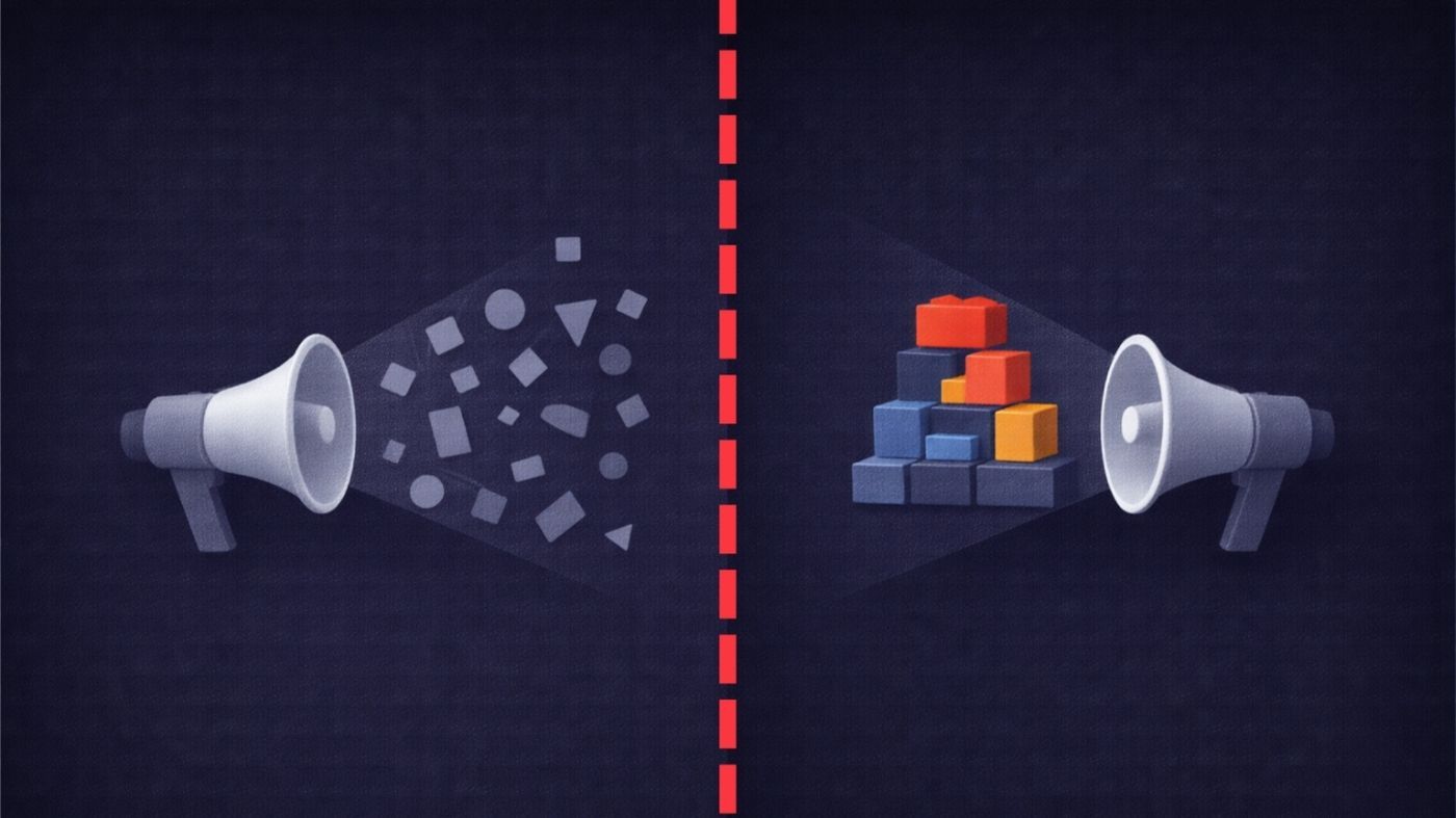 Two megaphones; one projecting scattered shapes, the other projecting stacked blocks, separated by a red line.