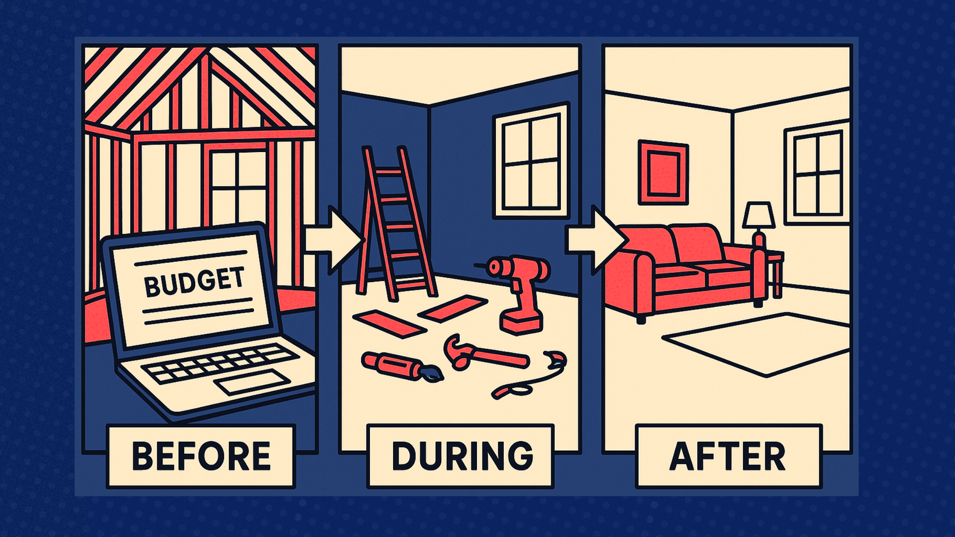 A three-panel illustration showing a room renovation. 