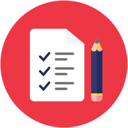 an icon of a checklist and a pencil in a red circle .
