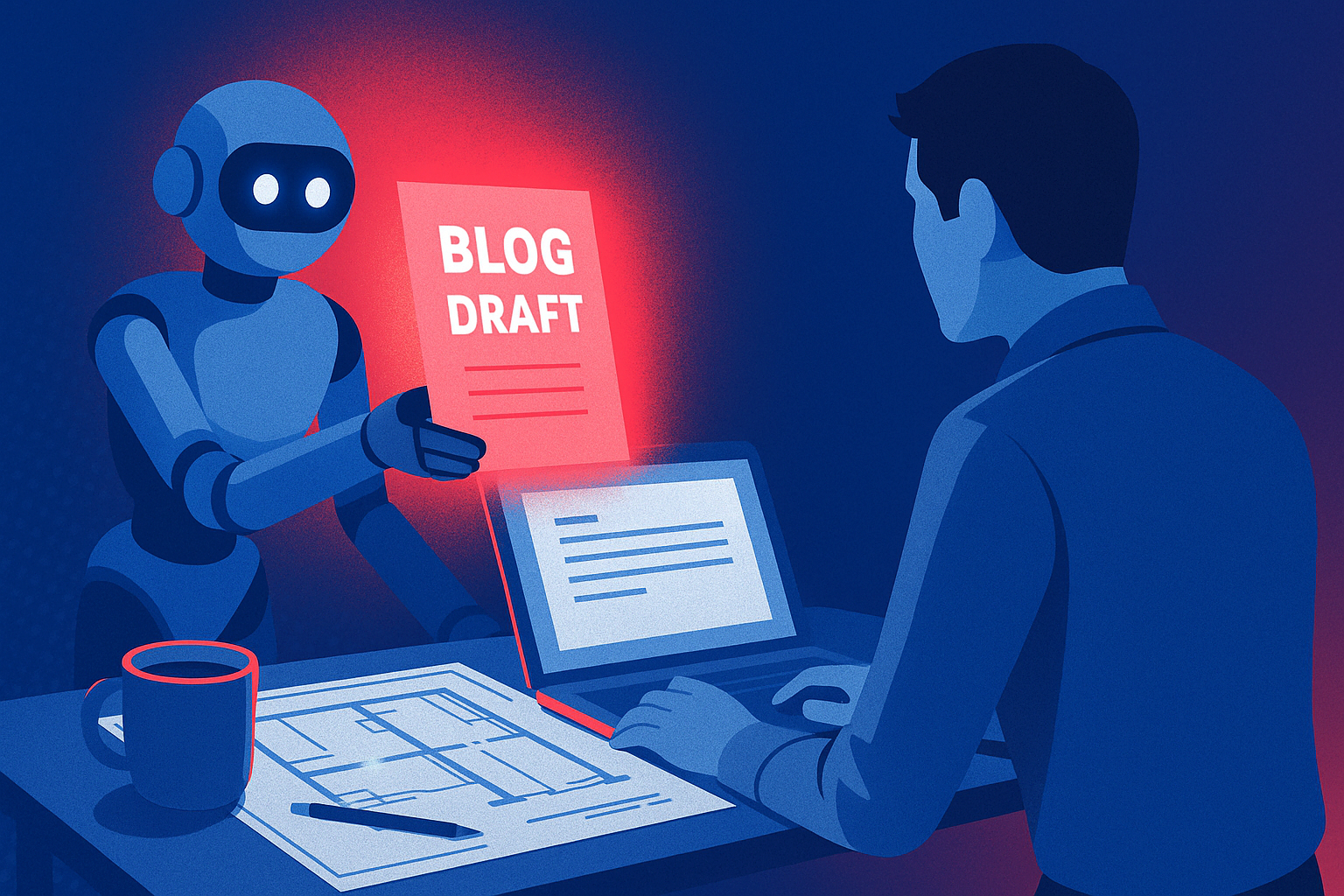 A man and a robot are sitting at a table with a laptop.