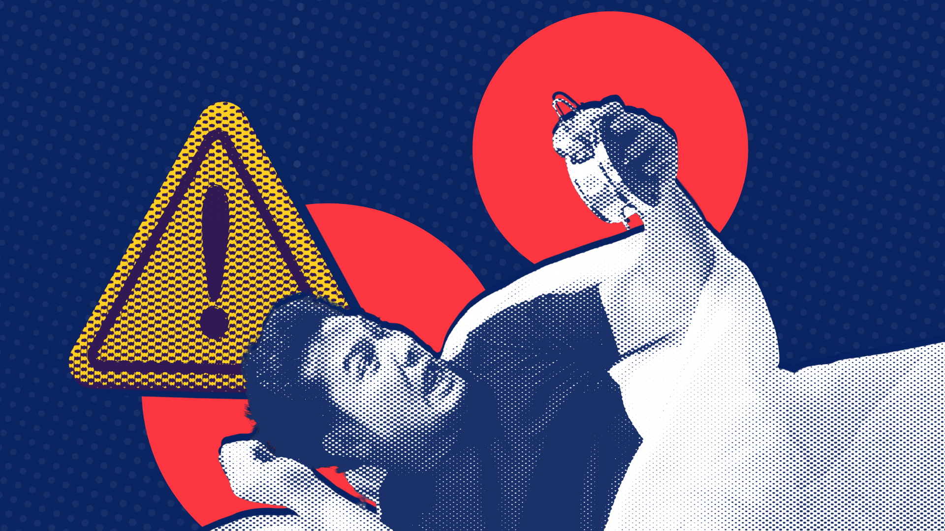 Man lying down with person leaning over him, warning sign and red circles on blue background.