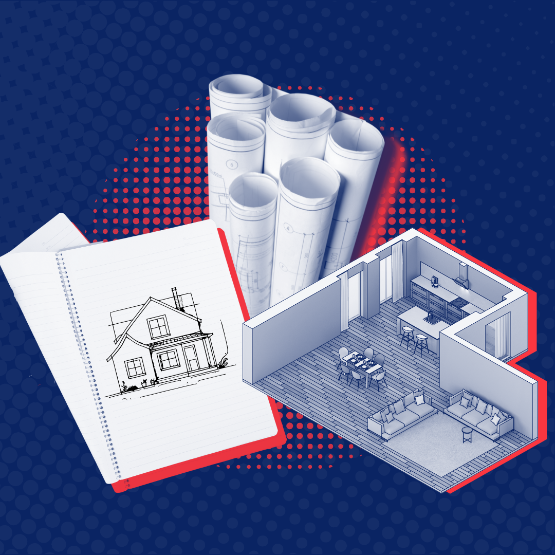 A bunch of blueprints and a 3d model of a house on a blue background.