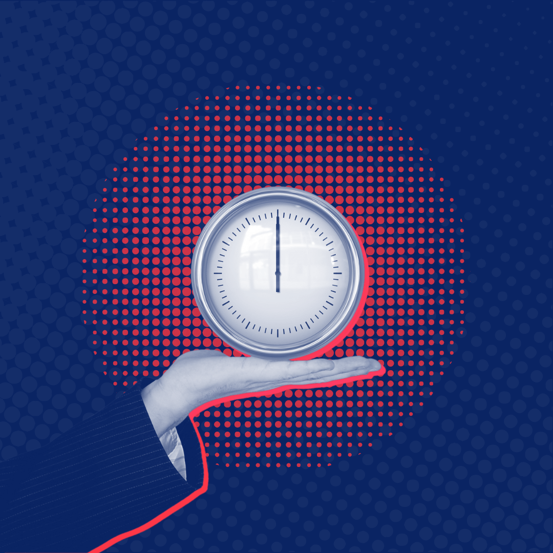 A hand is holding a clock on a blue background.