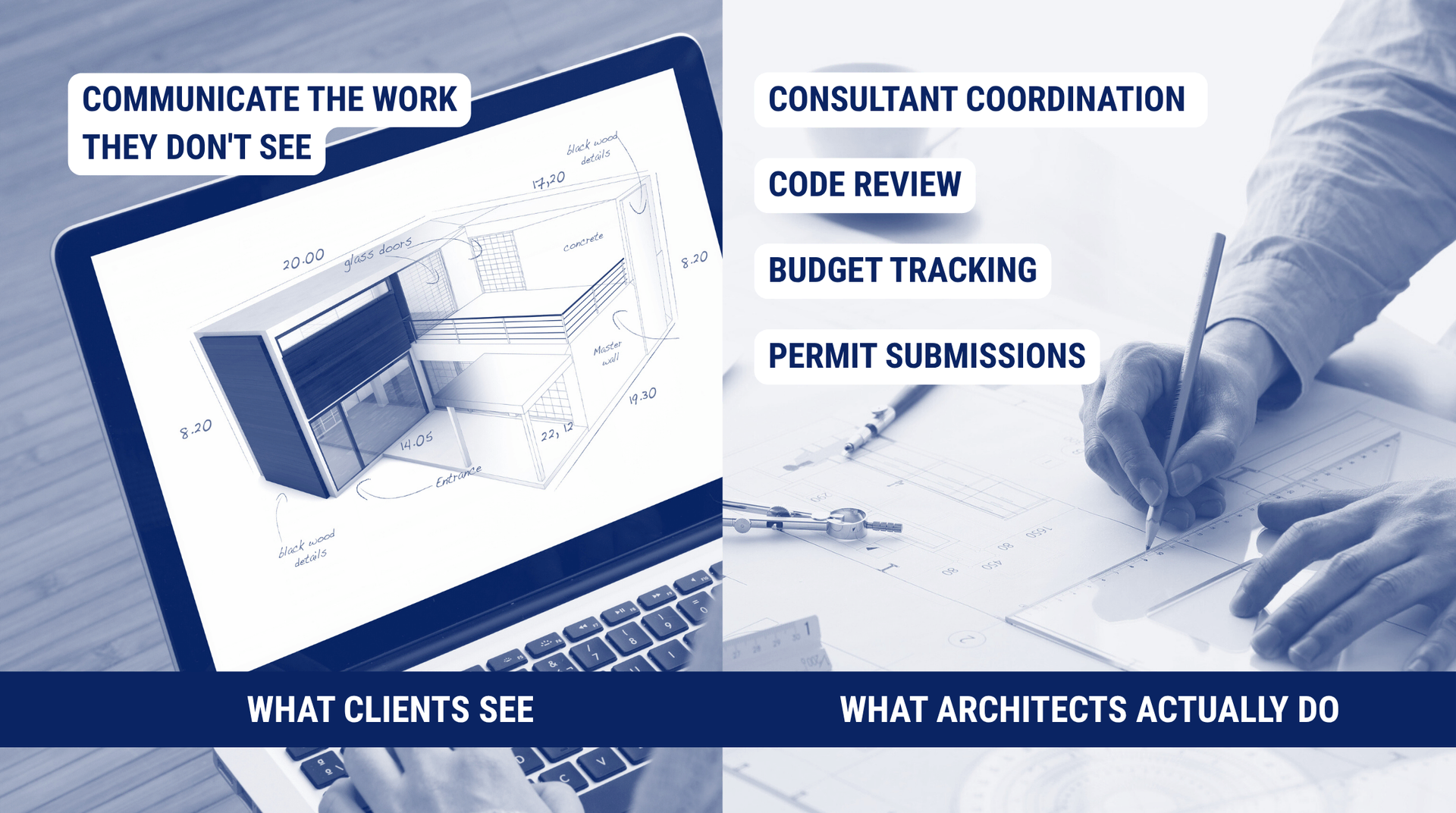 A split graphic: left, a laptop with architectural plans; right, a person drafting. Text: