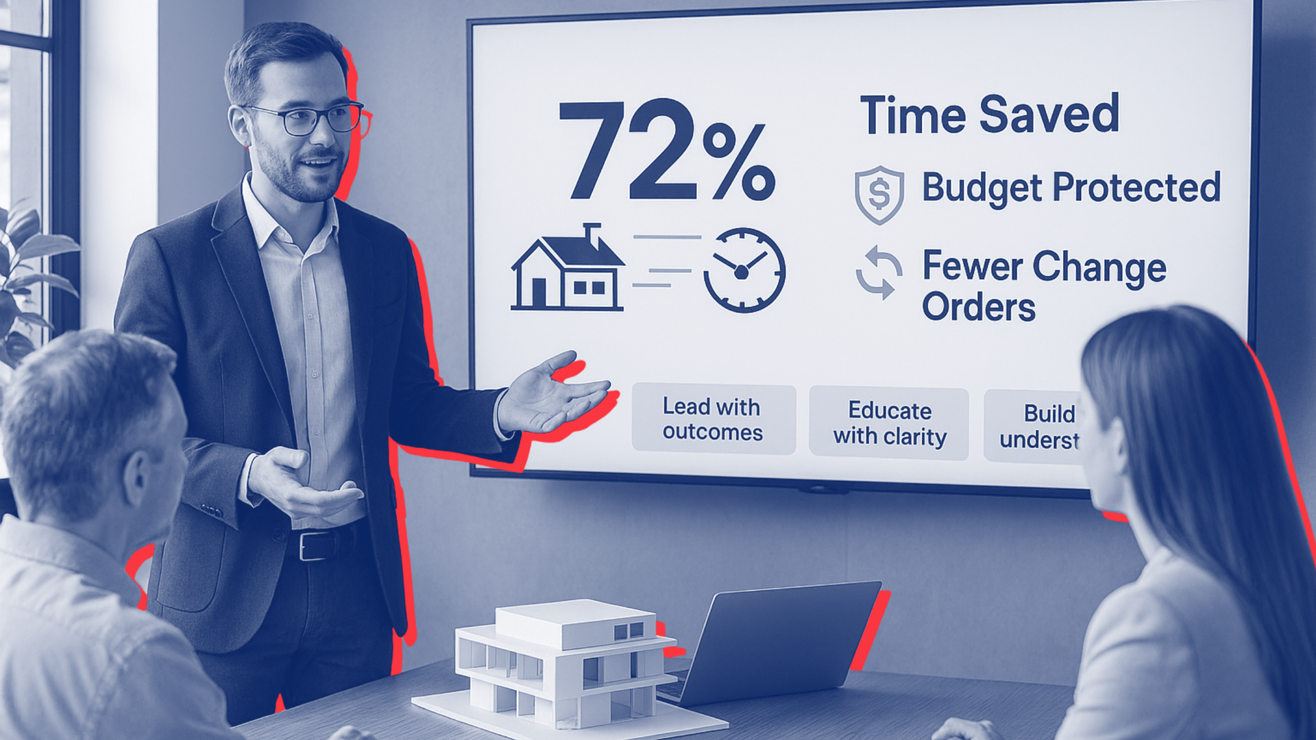 Man presenting to two people, display shows 72% time saved, budget protected, and fewer change orders.