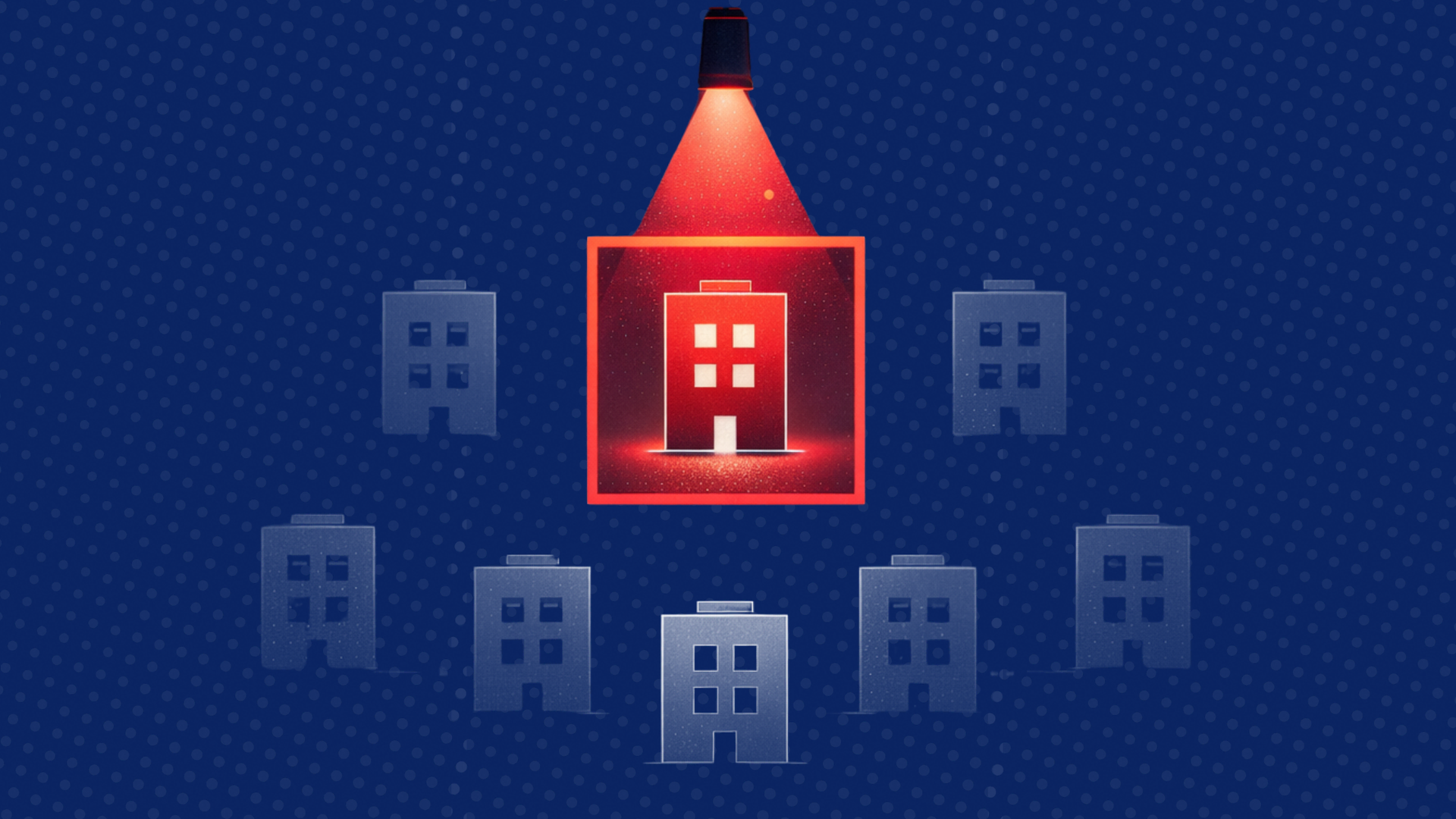 Red spotlight on one building, other buildings in background.