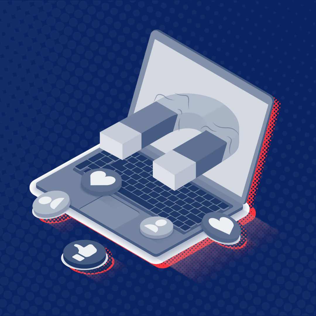 An isometric illustration of a laptop with magnets coming out of it.