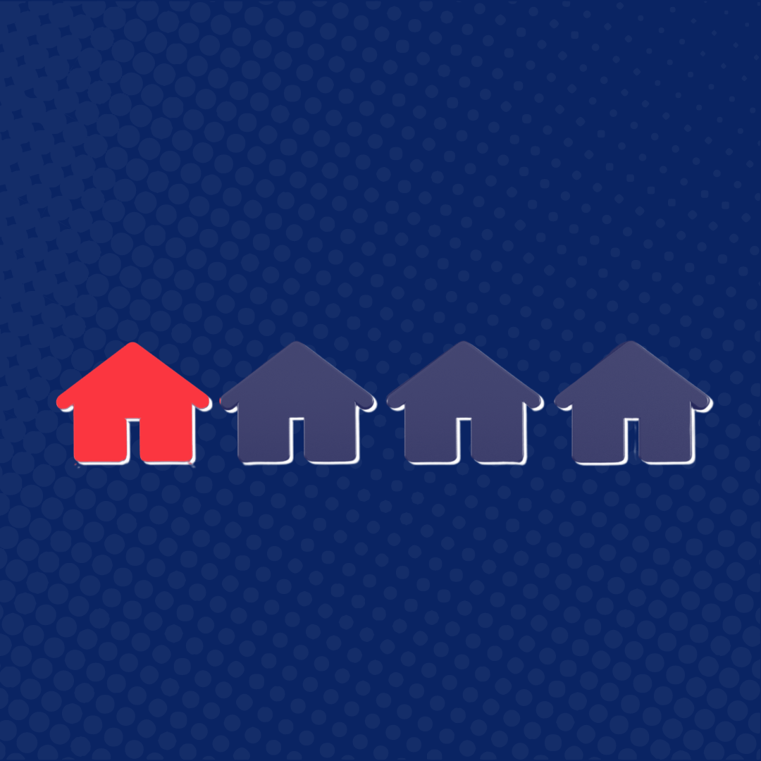 A red house is in the middle of a row of houses