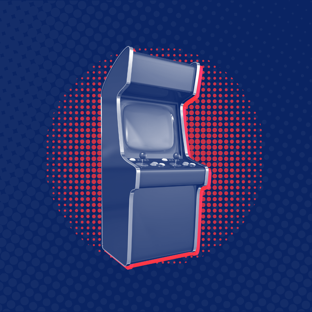 An arcade machine is sitting on a blue and red background.