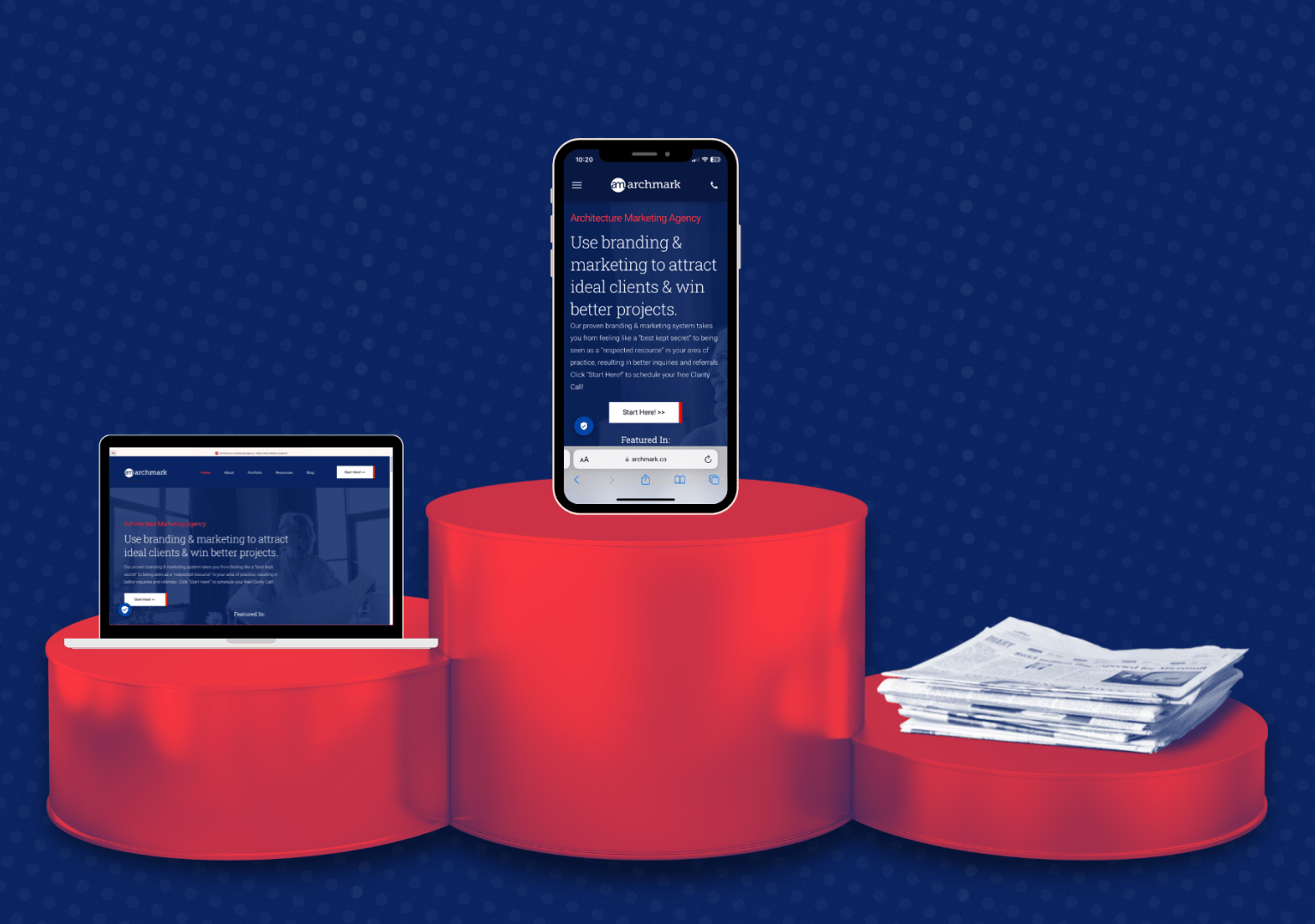 A phone , laptop , and newspaper are on a red podium.