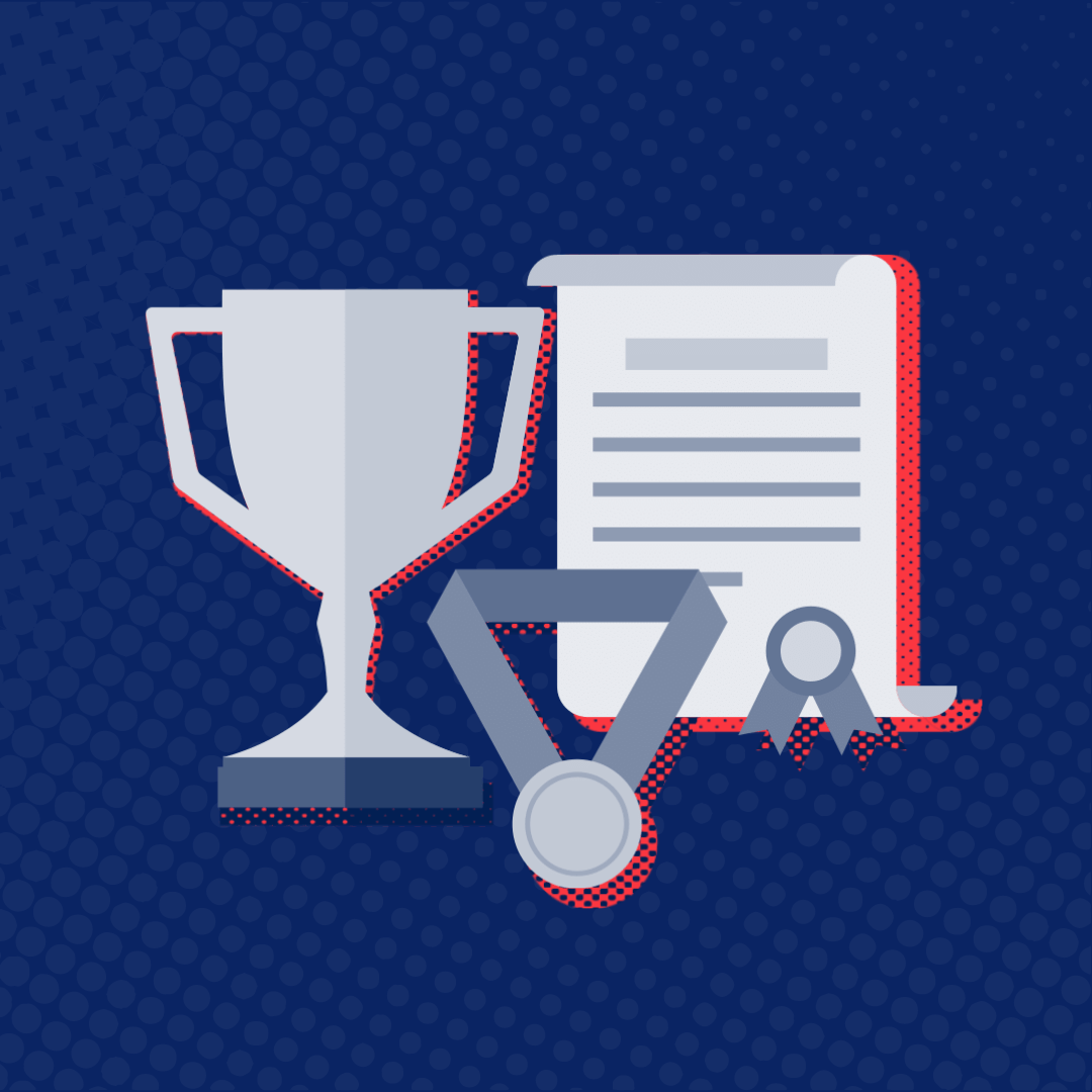 An illustration of a trophy , medal , and certificate on a blue background.