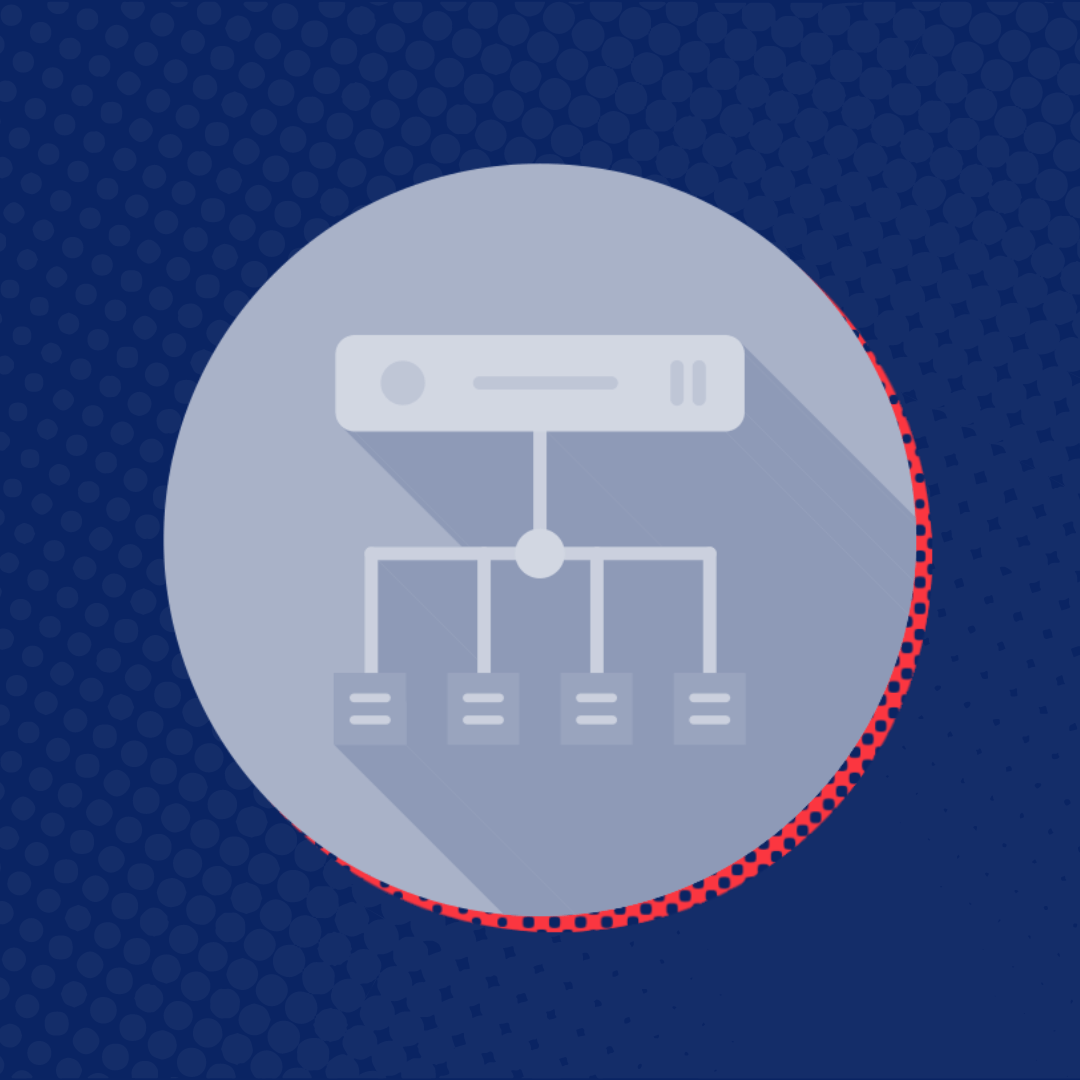 An icon of a server with a long shadow on a blue background