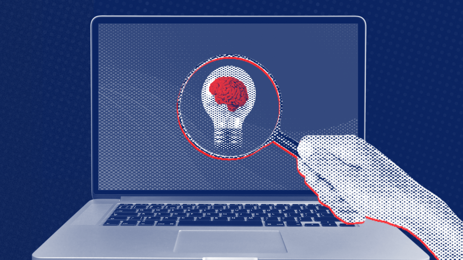 a hand is holding a magnifying glass in front of a laptop with a light bulb on the screen .