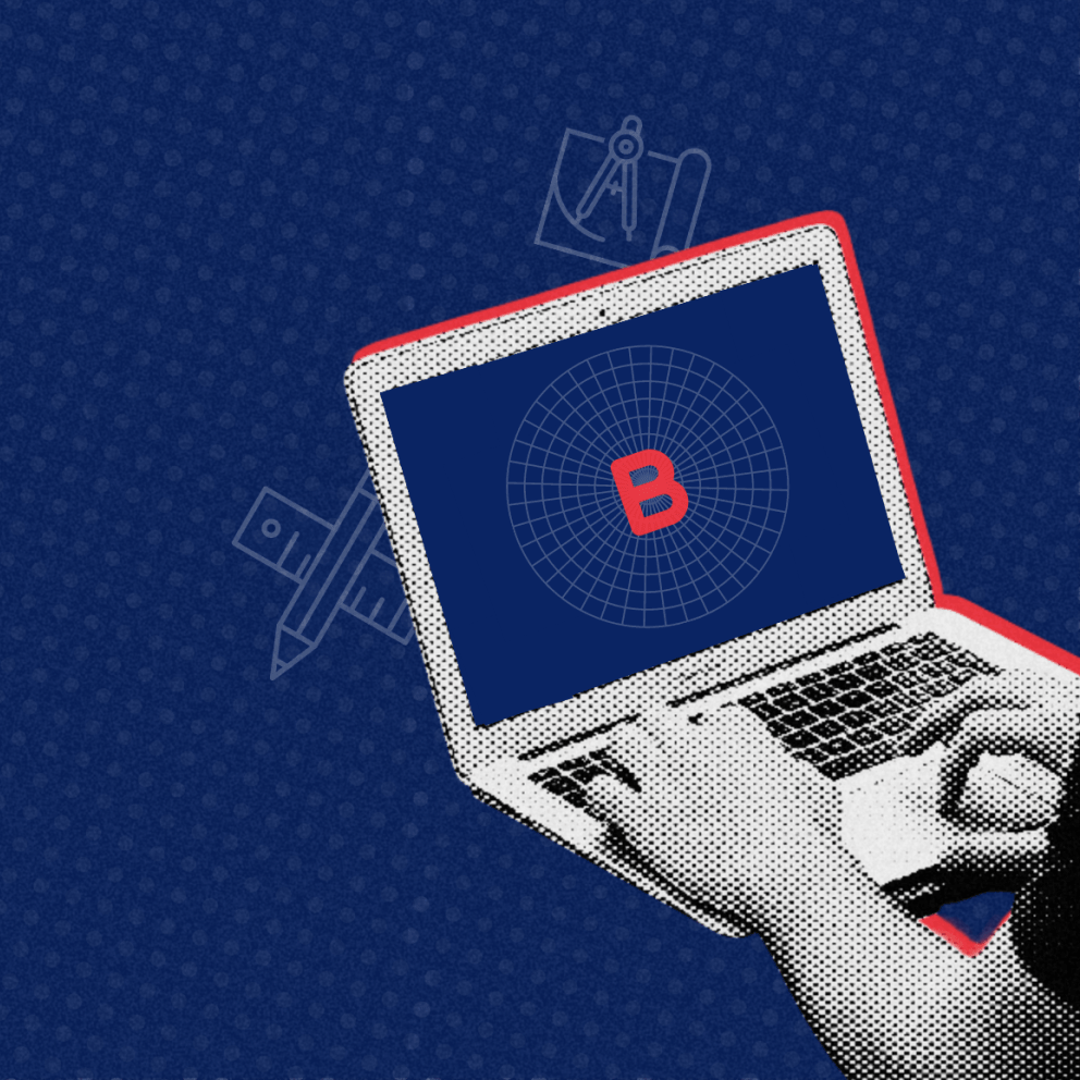 A person is holding a laptop with the letter b for branding on the screen
