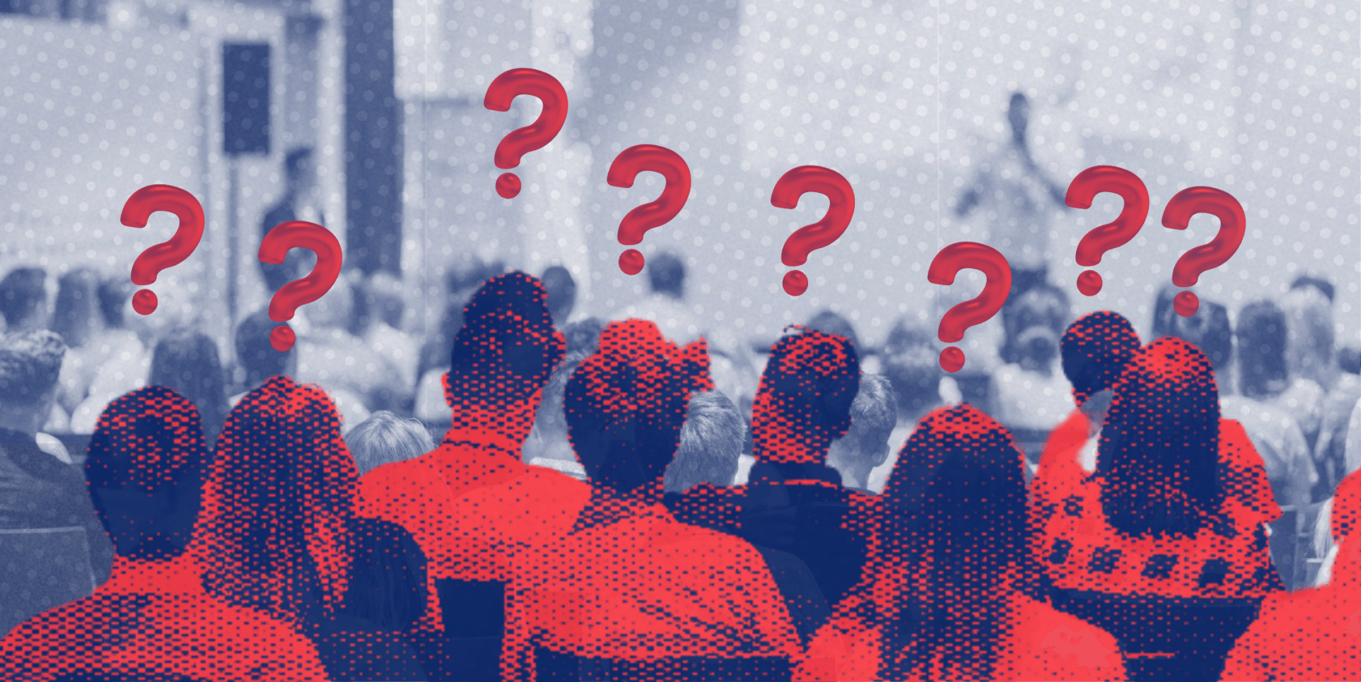 a crowd of people sitting in chairs with question marks on their faces .