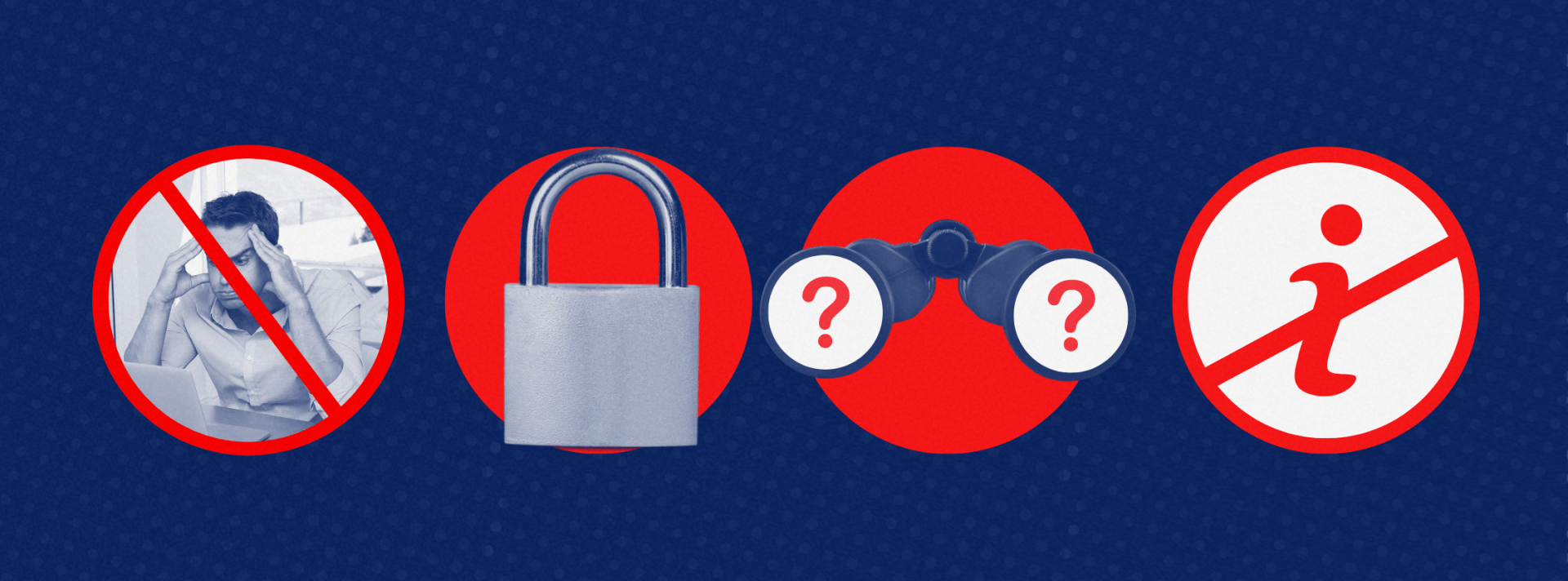 a blue background with a padlock , binoculars , and a no talking sign .
