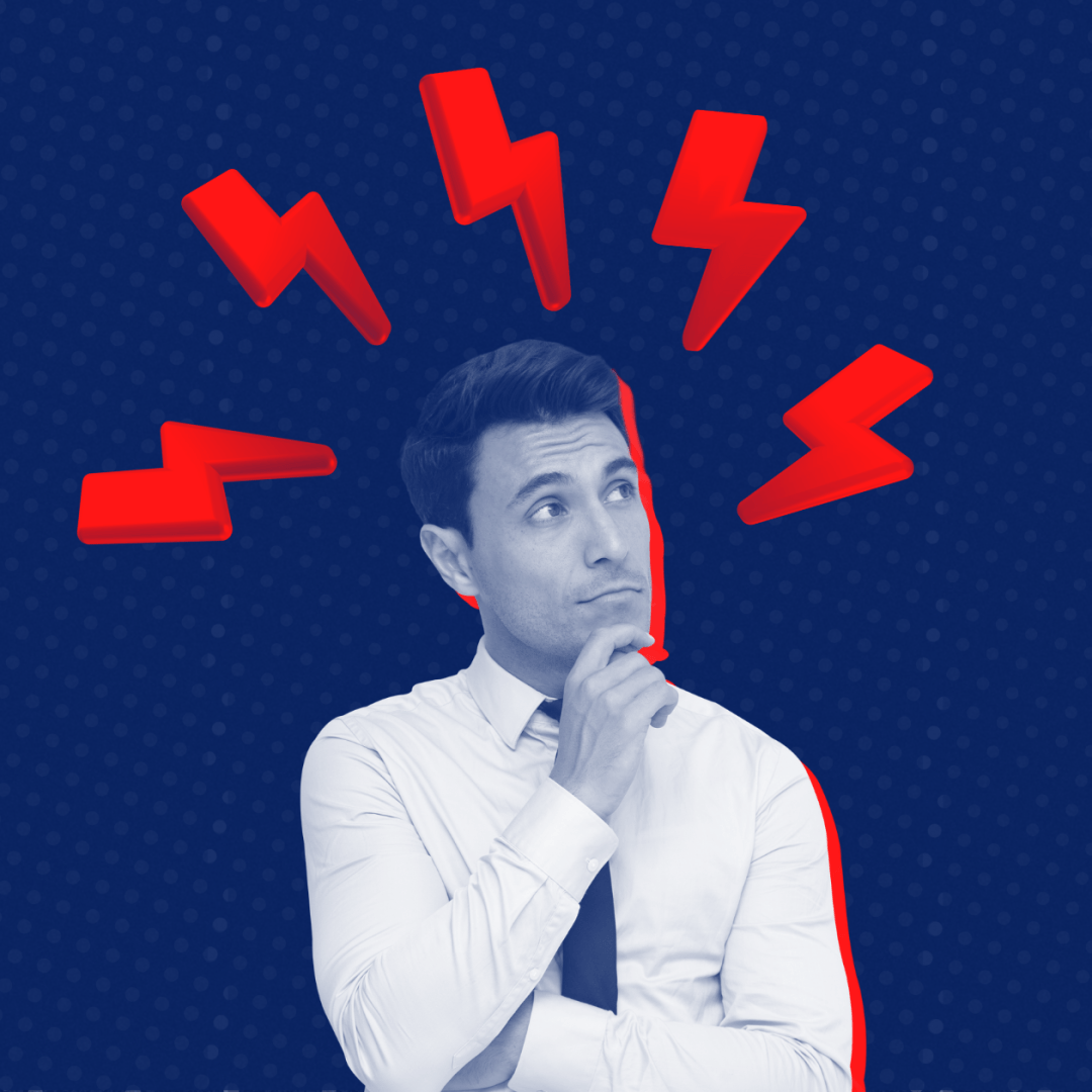 illustration depicting a businessman in a shirt and tie surrounded by red lightning bolts