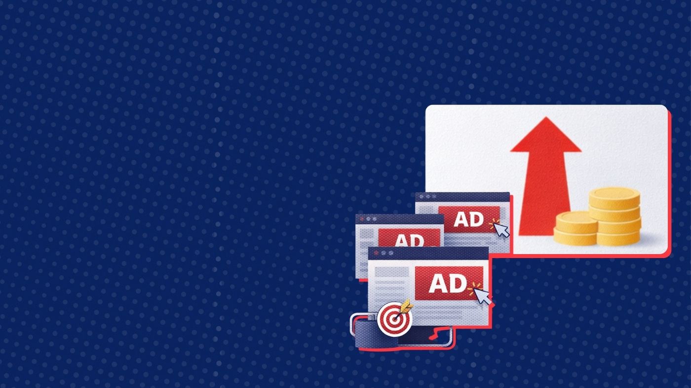 Ads and growth. Red arrow up, gold coins, target, and ad windows on blue background.
