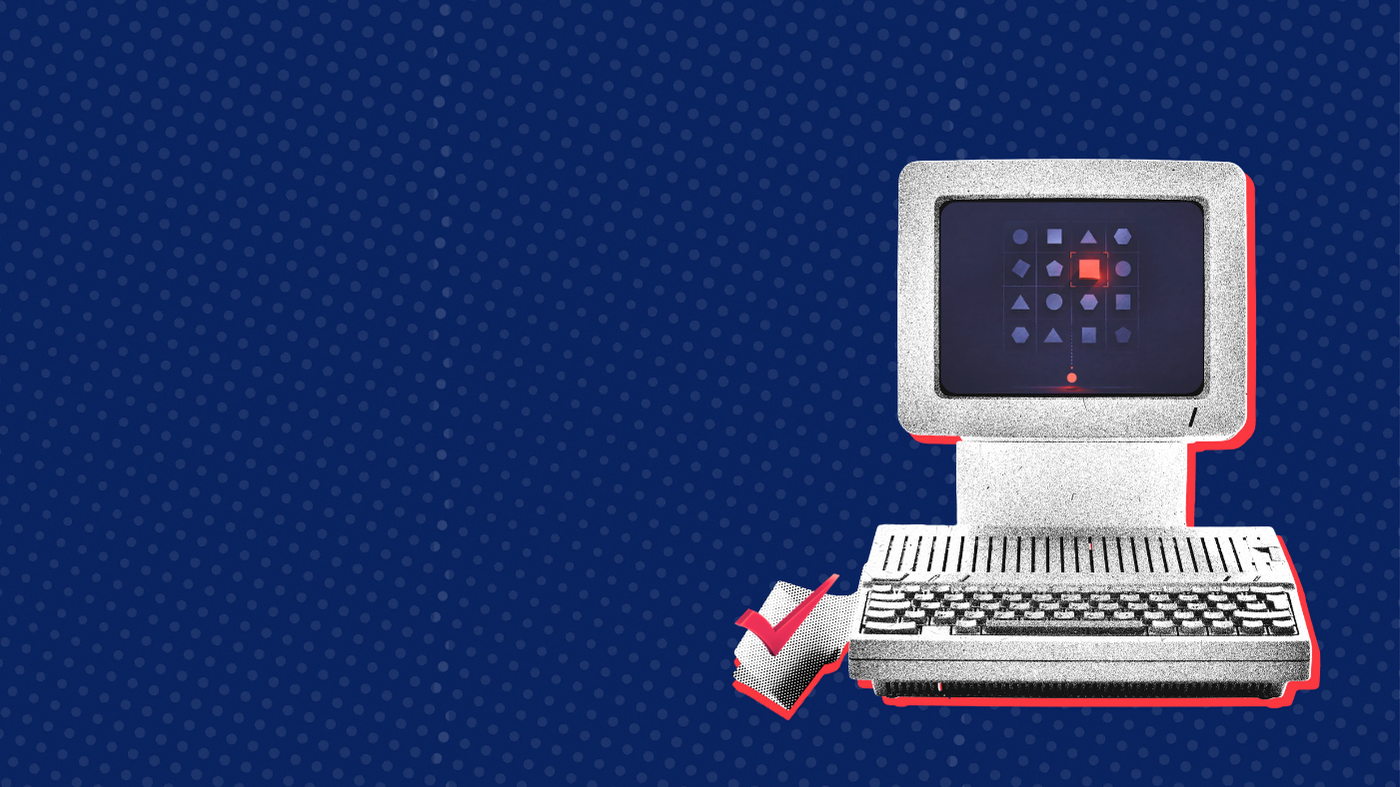 An old computer with a keyboard, a screen with letters, and a red checkmark on a blue dotted background.