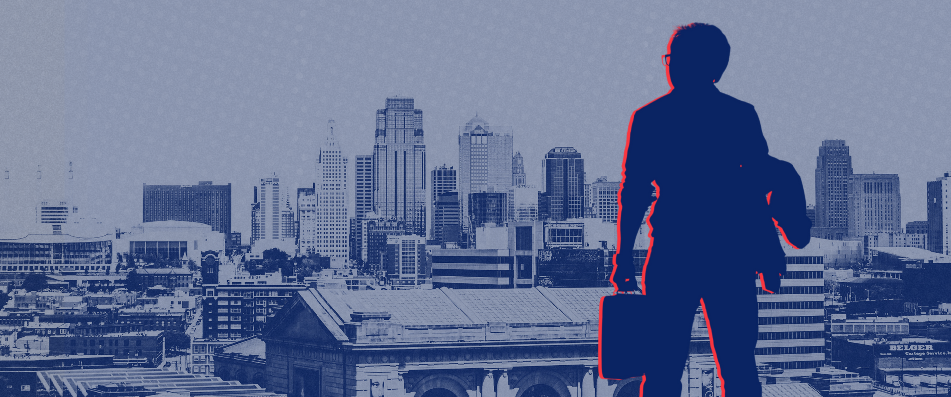 A man with a briefcase is standing in front of a city skyline.