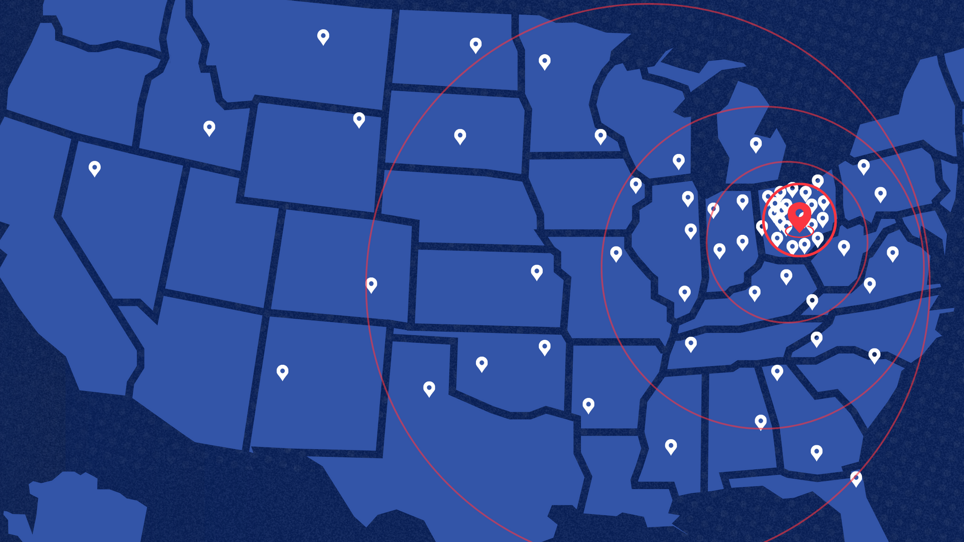A blue map of the united states with a red center