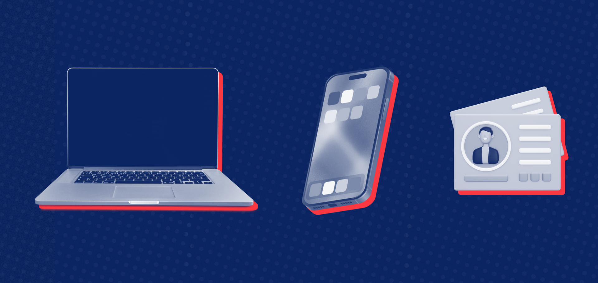 A laptop , a cell phone , and a wallet on a blue background.