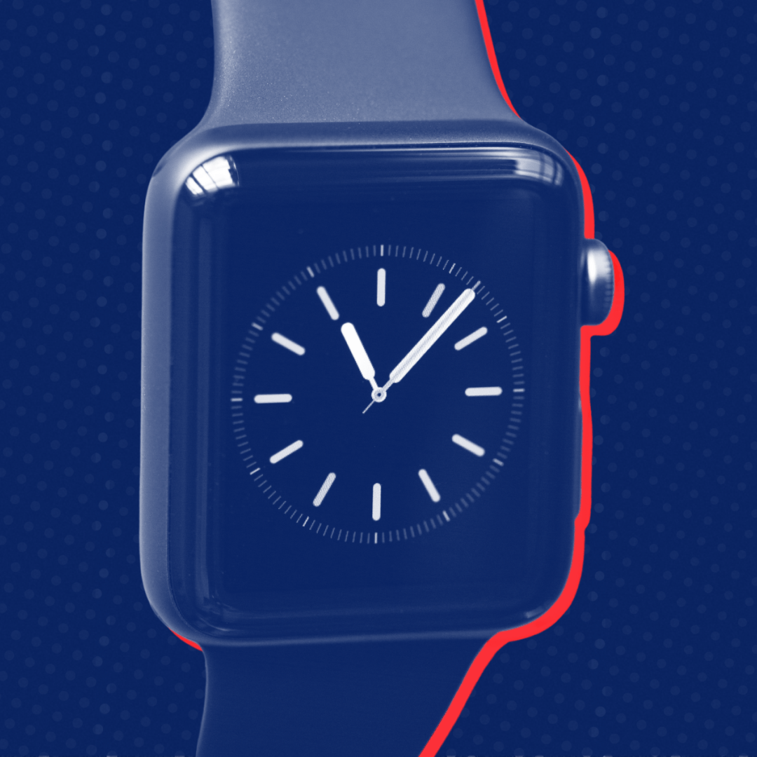 A close up of an apple watch with a blue band