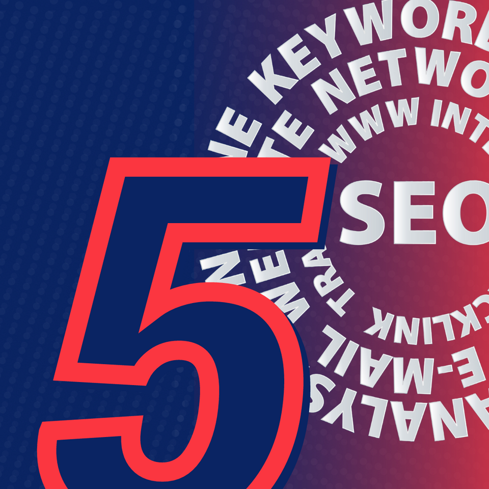 The number 5 is on a blue and red background