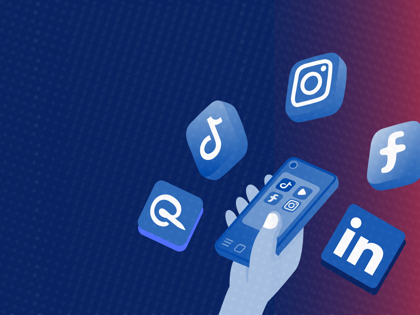 A hand is holding a cell phone with social media icons flying around it.