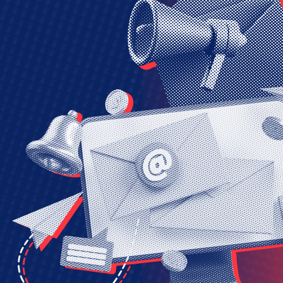 A black and white illustration of a bunch of envelopes and a megaphone.