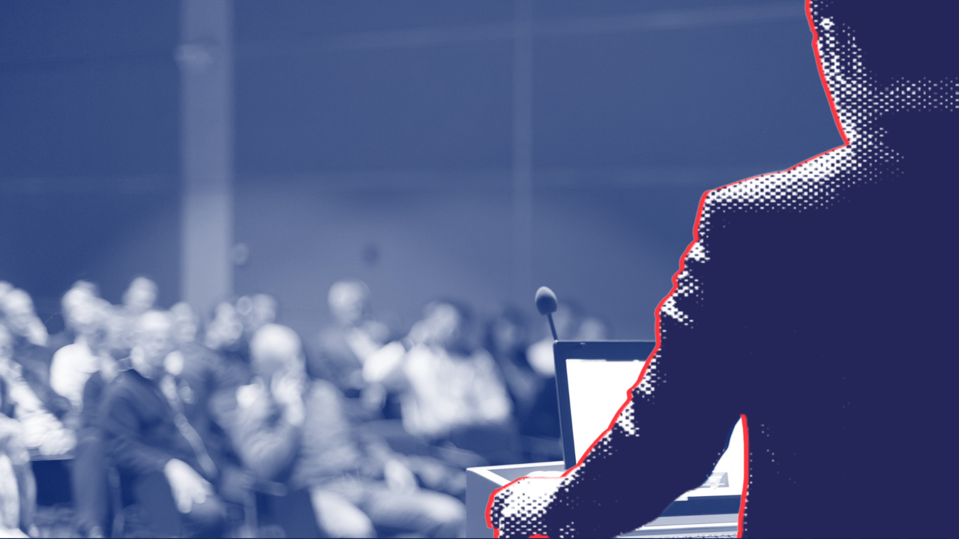 a man is giving a speech at a podium in front of a crowd .