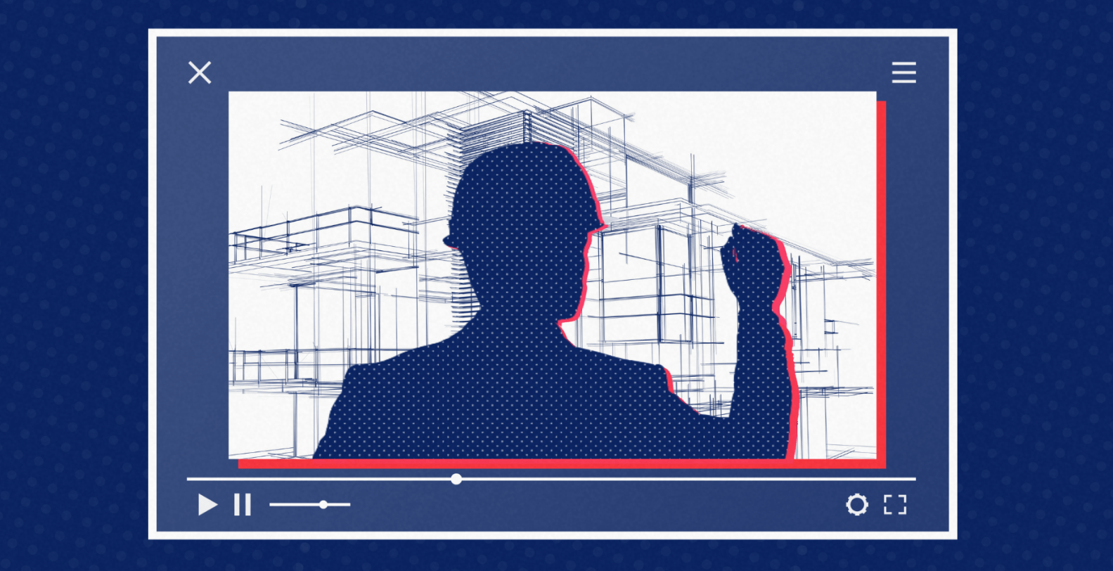 a man in a hard hat is standing in front of a blueprint of a building .