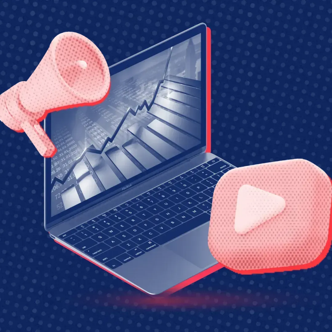A laptop with a graph on the screen and a play button next to it.